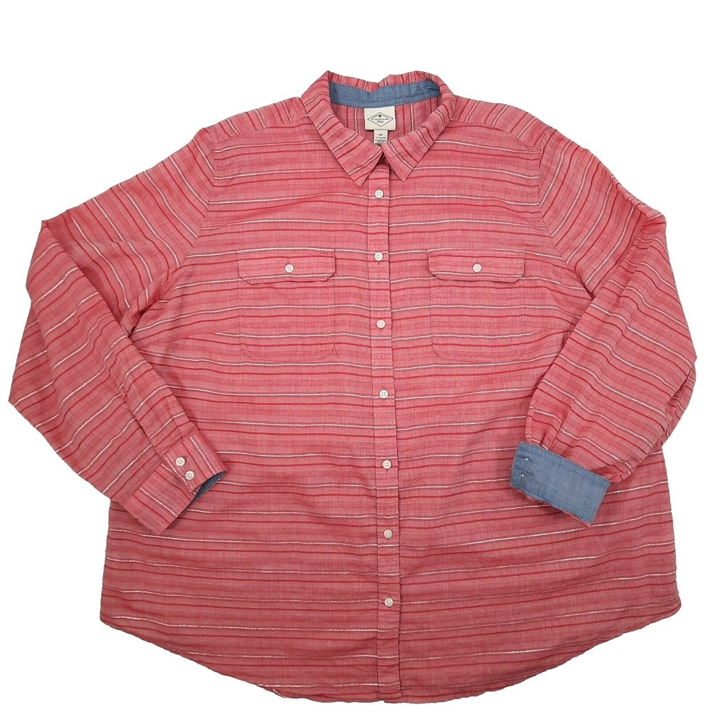 St Johns Bay Top Womens 2X Red Silver Stripes Cotton Shirt Boho Western Career